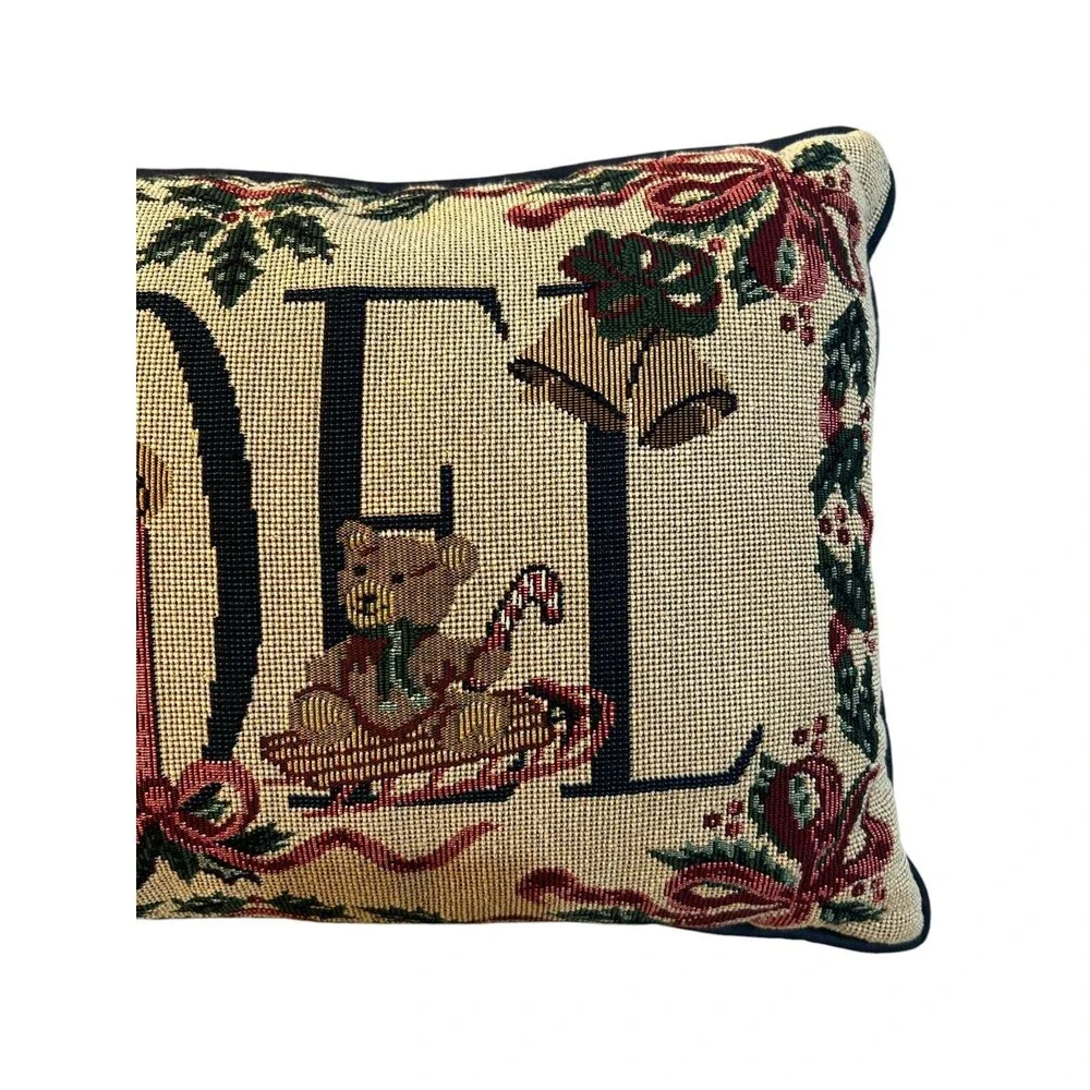 Vtg Christmas Noel Tapestry Throw Pillow Holiday Cat Stocking Bear Sled Angel